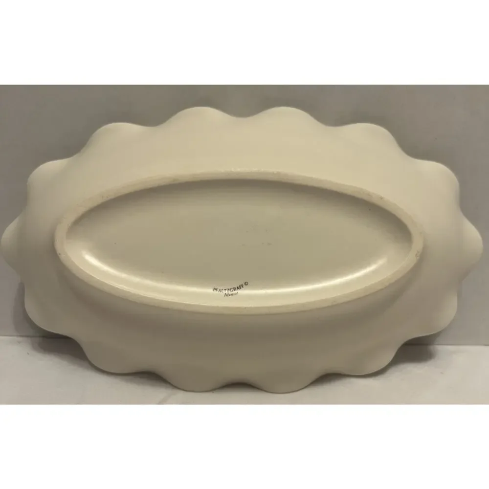 1 Pfaltzgraff TEA ROSE Fluted 9”x 5.25 Oval Relish Dish Ruffled Edge Pink w/Blue